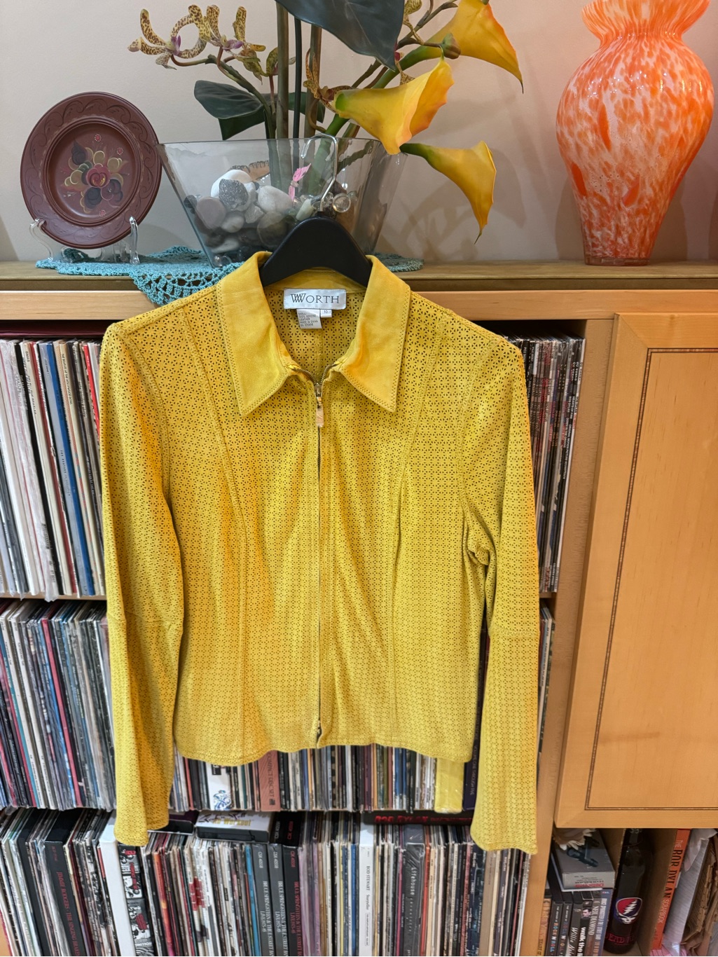 Price Cut: Worth, 10, Lined, Laser-Cut Lambskin Yellow Suede Two-Way Zip Jkt